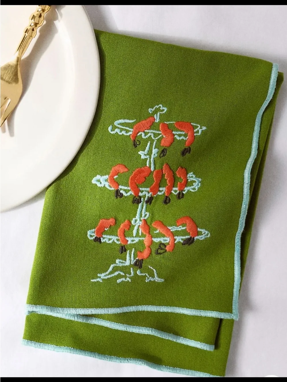 Anthropologie Embroidered Shrimp  Motif 109% Cotton Napkin. Set of 2